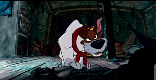 a cartoon dog with a red scarf around his neck looks angry