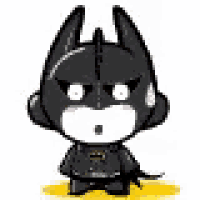 a cartoon batman is wearing headphones and standing on a yellow surface .