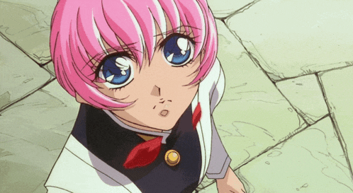 a girl with pink hair and blue eyes is looking up at the camera