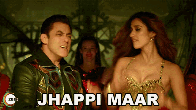 a man and a woman are dancing with the words jhappi maar written on the bottom