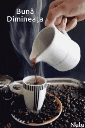 a cup of coffee is being poured from a pitcher on a saucer with the words buna dimineata below it
