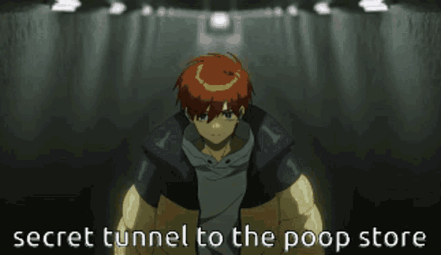 a man with red hair is standing in a dark room with the words secret tunnel to the poop store behind him