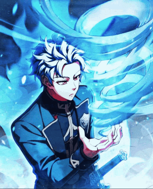 a blue and white anime character with a sword in his hand