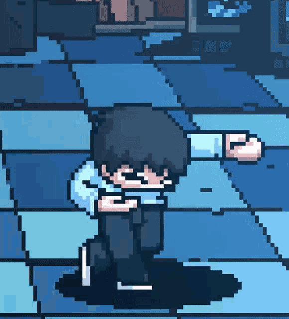 a pixel art drawing of a person standing on a blue tiled floor