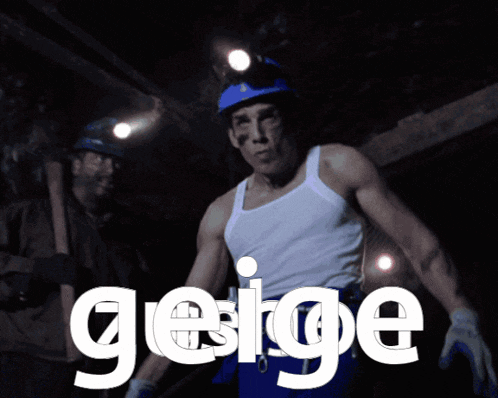 a man in a white tank top and blue pants is standing in front of the word geige