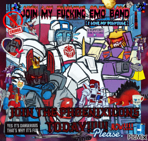 a collage of transformers with the words join my fucking emo band at the top