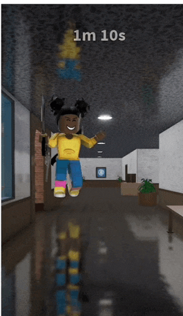 a girl is jumping in the air in a hallway with 1m 10s written on the bottom right