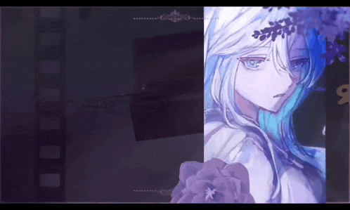 a painting of a girl with long white hair and blue eyes .