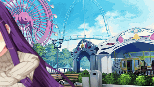 a girl with purple hair stands in front of a ferris wheel at an amusement park