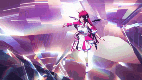 a girl with red hair and headphones is dancing in a purple and white room .