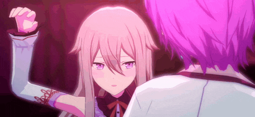 a girl with pink hair is standing next to a boy with purple hair in a video game .