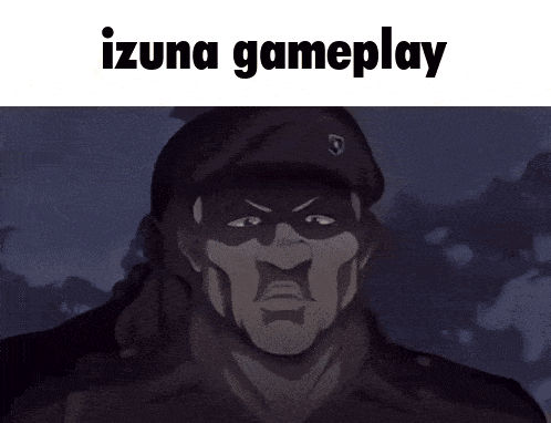 a man is standing in a dark room with the words izuna gameplay written above him