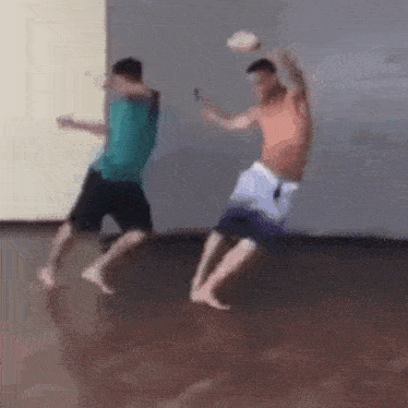 two men are playing with a ball in a room and one of them is throwing the ball .