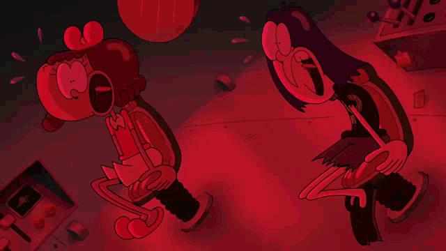 two cartoon characters are sitting in chairs and one has a purple hair color