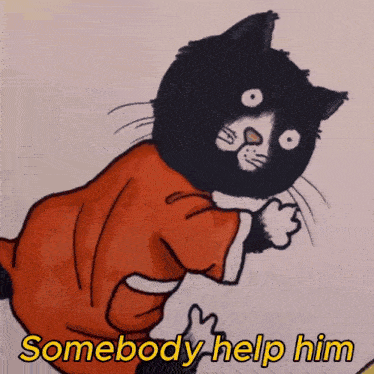 a black and white cat wearing a red shirt with the words somebody help him below it