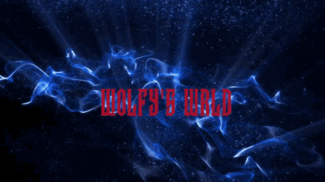 a blue background with the word wolfeye world in red