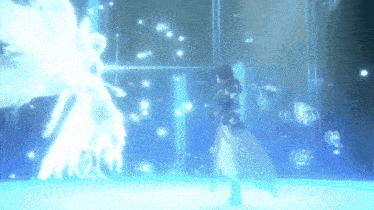 a person in a white dress is standing in a dark room with a blue light behind them that says 00