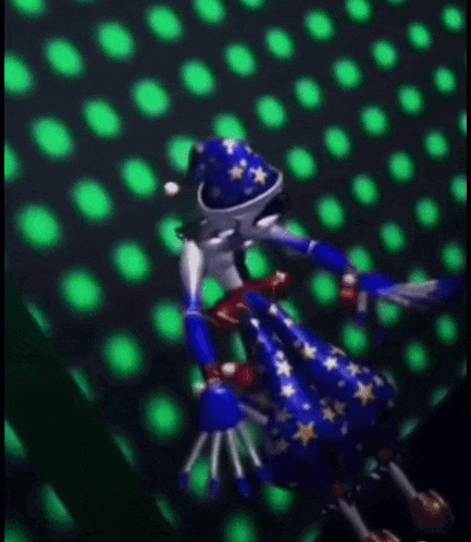 a cartoon character is dancing in front of a green light .