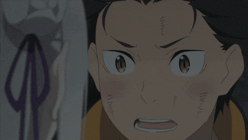 a girl with purple eyes looks at a man