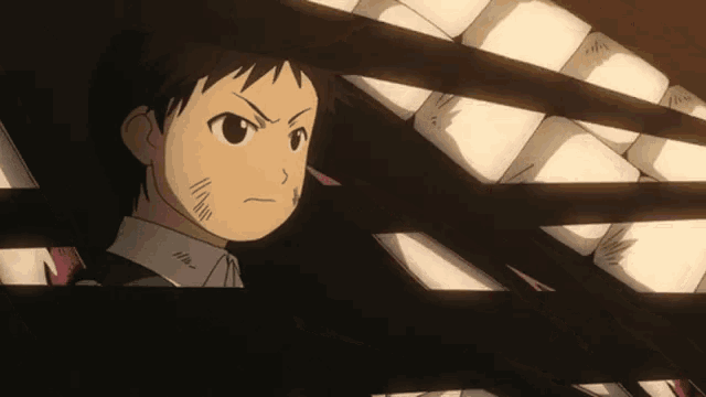 a cartoon of a boy looking through a window with a very angry expression on his face