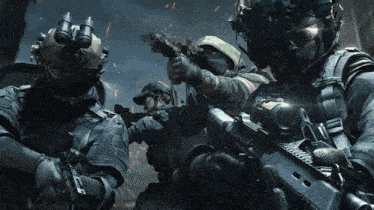 a group of soldiers are holding their guns and one of them has the letter c on it