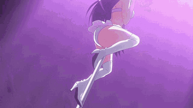 a girl is sitting on a pole in a purple light