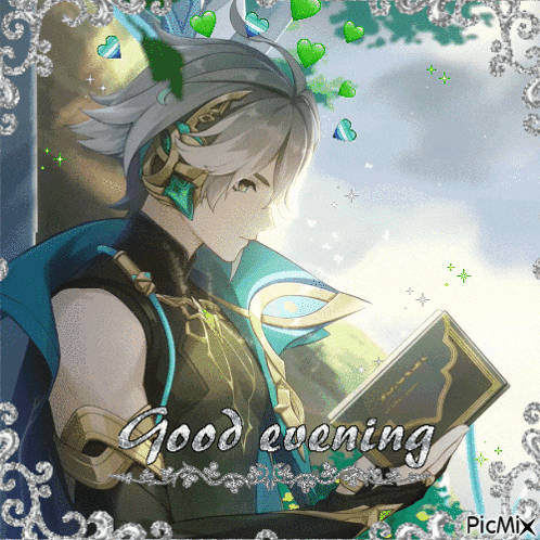 a picture of a man reading a book with the words good evening written below him