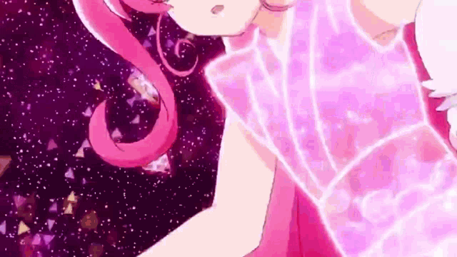 a close up of a girl with pink hair and a pink dress in a purple background .