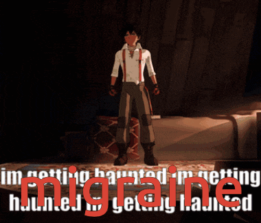 a man standing in a dark room with the words getting haunted in getting migraine