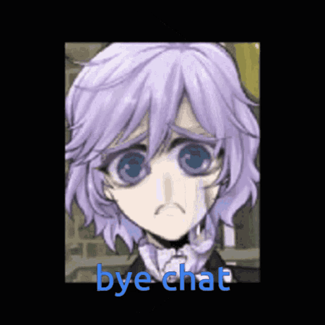 a picture of a girl with purple hair and blue eyes with the words bye chat below her