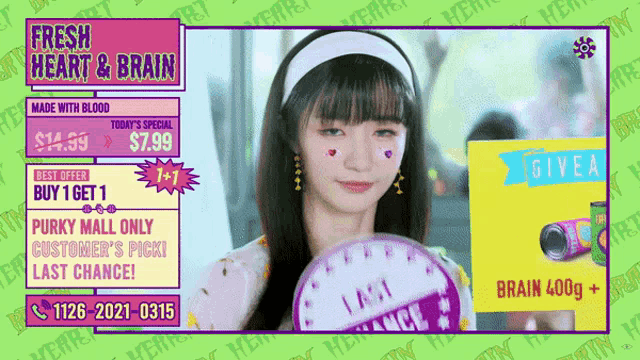 an advertisement for fresh heart & brain shows a girl holding a can