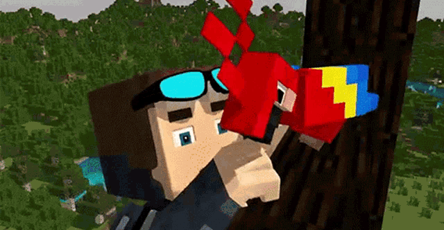 a minecraft character is climbing a tree with a red parrot on his head .