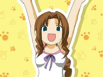 a girl with a cat ear on her head is smiling on a yellow background