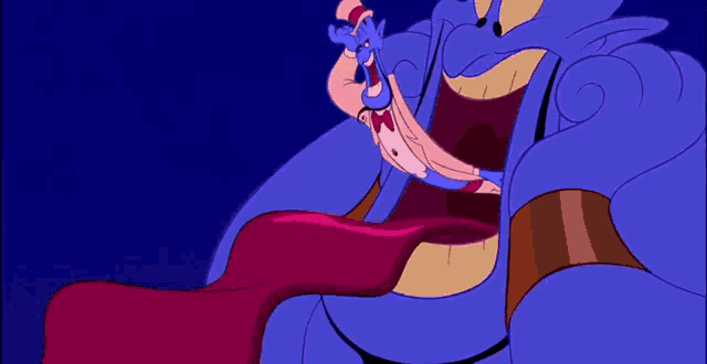 a cartoon of a genie with a red tongue sticking out of his mouth
