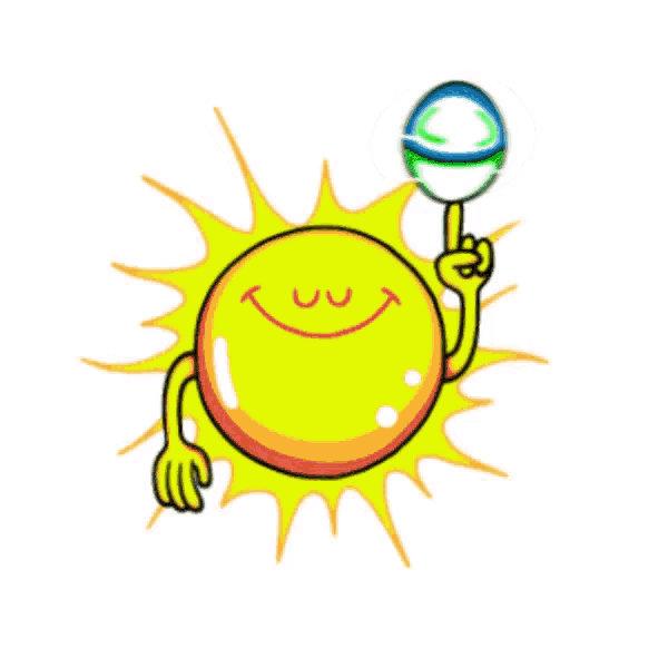 a cartoon sun with a smiley face and arms holding a globe