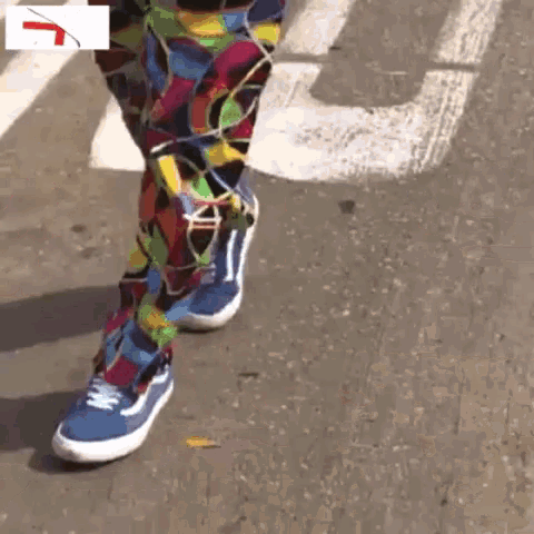 a person wearing colorful pants and blue vans shoes