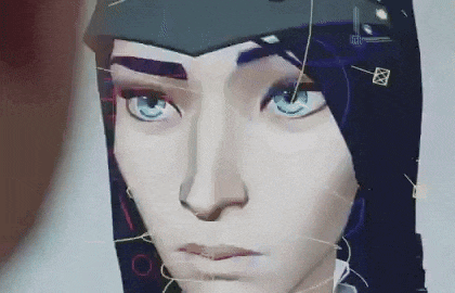 a close up of a 3d model of a woman 's face with blue eyes .