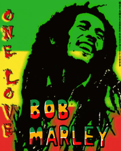 a poster of bob marley with dreadlocks on a red yellow and green background
