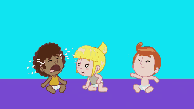 three babies are sitting on a purple surface one is crying and the other two are laughing