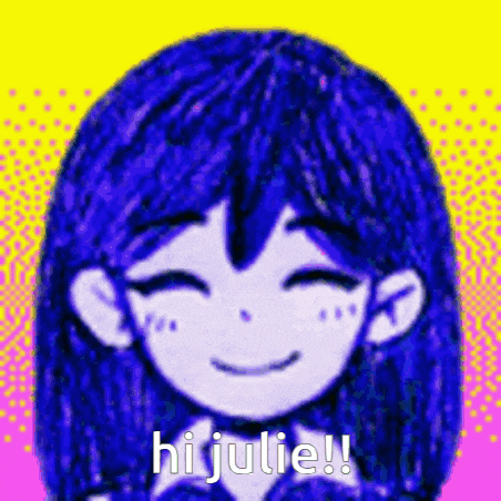 a drawing of a girl with blue hair says hi julie !