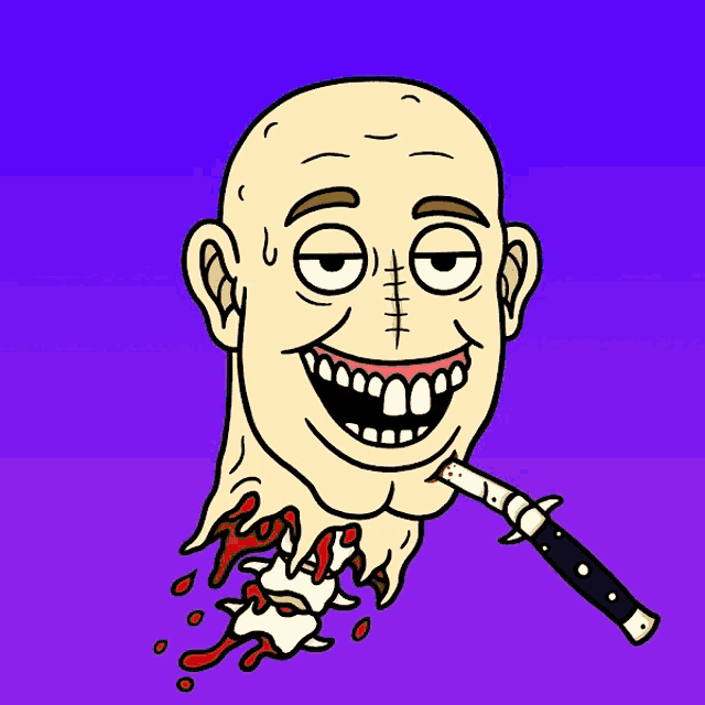 a cartoon drawing of a bald man with a knife in his mouth