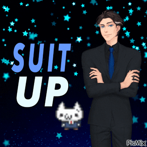 a picture of a man in a suit and tie with the words suit up behind him