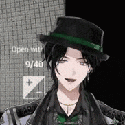 a man wearing a black top hat with a green ribbon is smiling .
