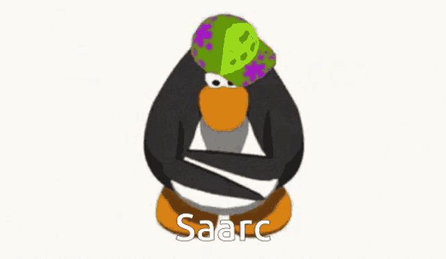 a penguin wearing a green hat with music notes on it and the name saarc