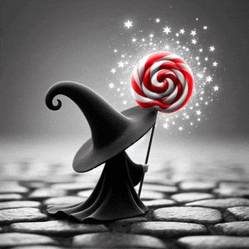 a witch holding a red and white lollipop