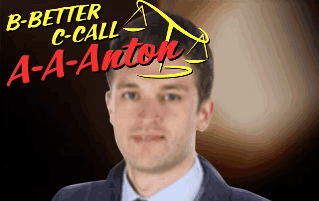 a man in a suit stands in front of a b-better c-call a-a-anton logo