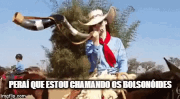 a woman blowing a horn while riding a horse with the words " perai que estou chamando os bolsonoides " below her
