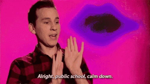 a man in a plaid shirt is saying `` alright , public school , calm down '' in front of a pink background .