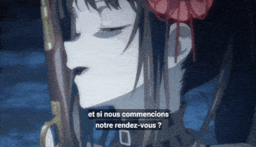 a close up of a girl with a red flower in her hair and the words " et si nous commencions notre rendez-vous " below her