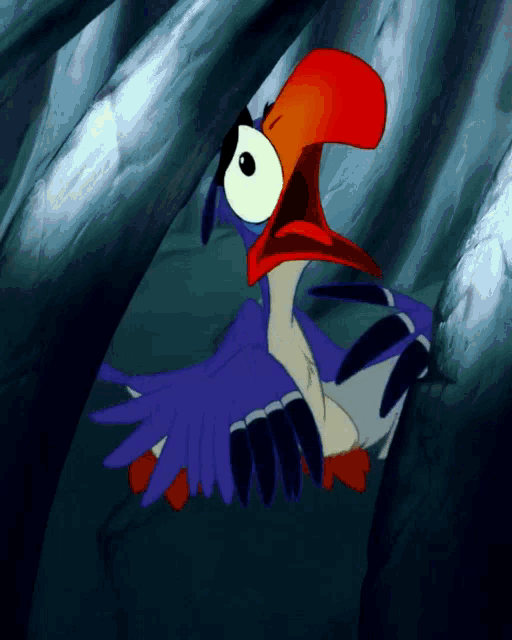 a cartoon bird with a red beak is flying